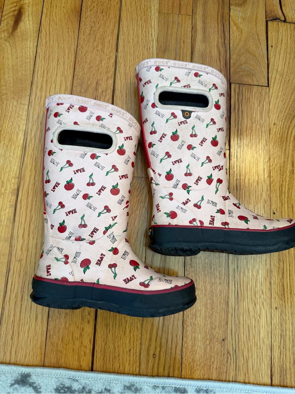 Bogs Kids Pink Cherry Handle Rain boots size 10